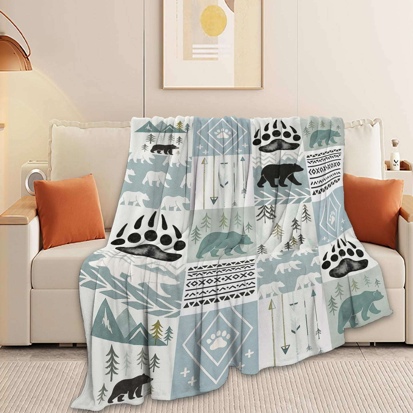 Bear Blanket Super Soft Warm Fluffy Fleece Flannel Forest Animal Throw Blanket Cozy Fuzzy Plush Stuff Bedding Blue Blankets Gifts for Women Kids Boys Girls Adults 50"X40"