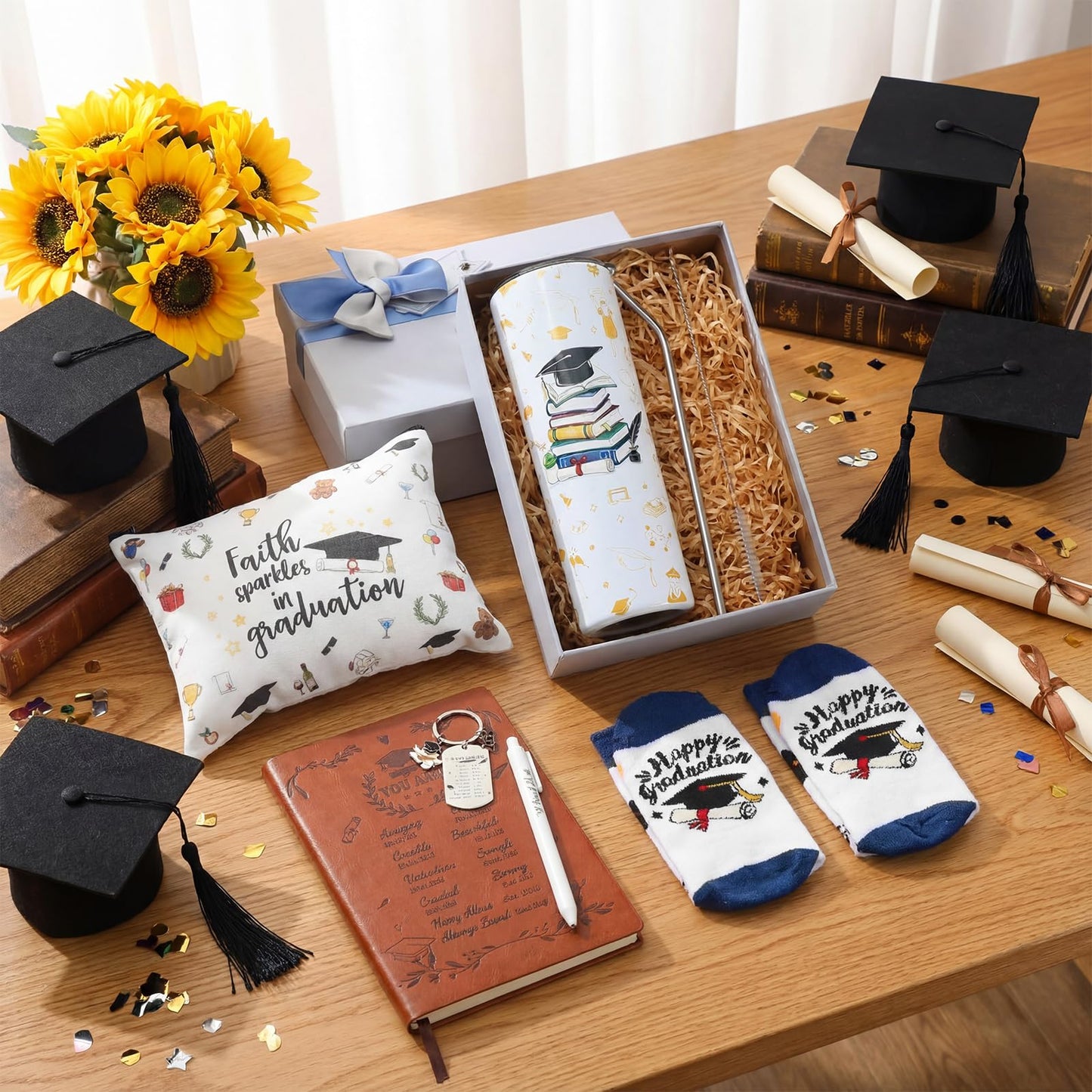 Patelai 6 Pcs 2026 Christian Graduation Gifts Set Congrats Grad Gift Basket for College High School Bible Verse Graduation Gift with Tumbler Keychain Makeup Bag Notebook Pen Sock for Graduates Her Him