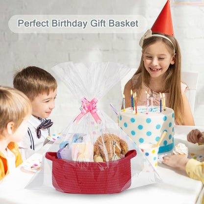 COMSE Small Woven Basket with Gift Bags and Ribbons, Gift Basket Empty, Cotton Rope Storage Organizer, Baby Toy Box with Handles, 12" x 8" x 5", Red