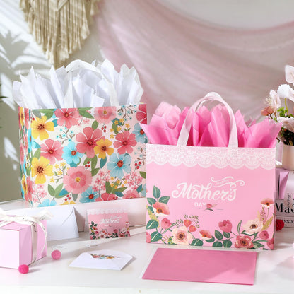 STYPOP 13" Mothers Day Gift Bags with Tissue Paper,2 Pack Large Mother's Day Bag Bulk,Reusable Gift Bags with Handles - Mothers Day Gifts for Mom,Grandma,Sister,Nana,Friends (Pink, White)