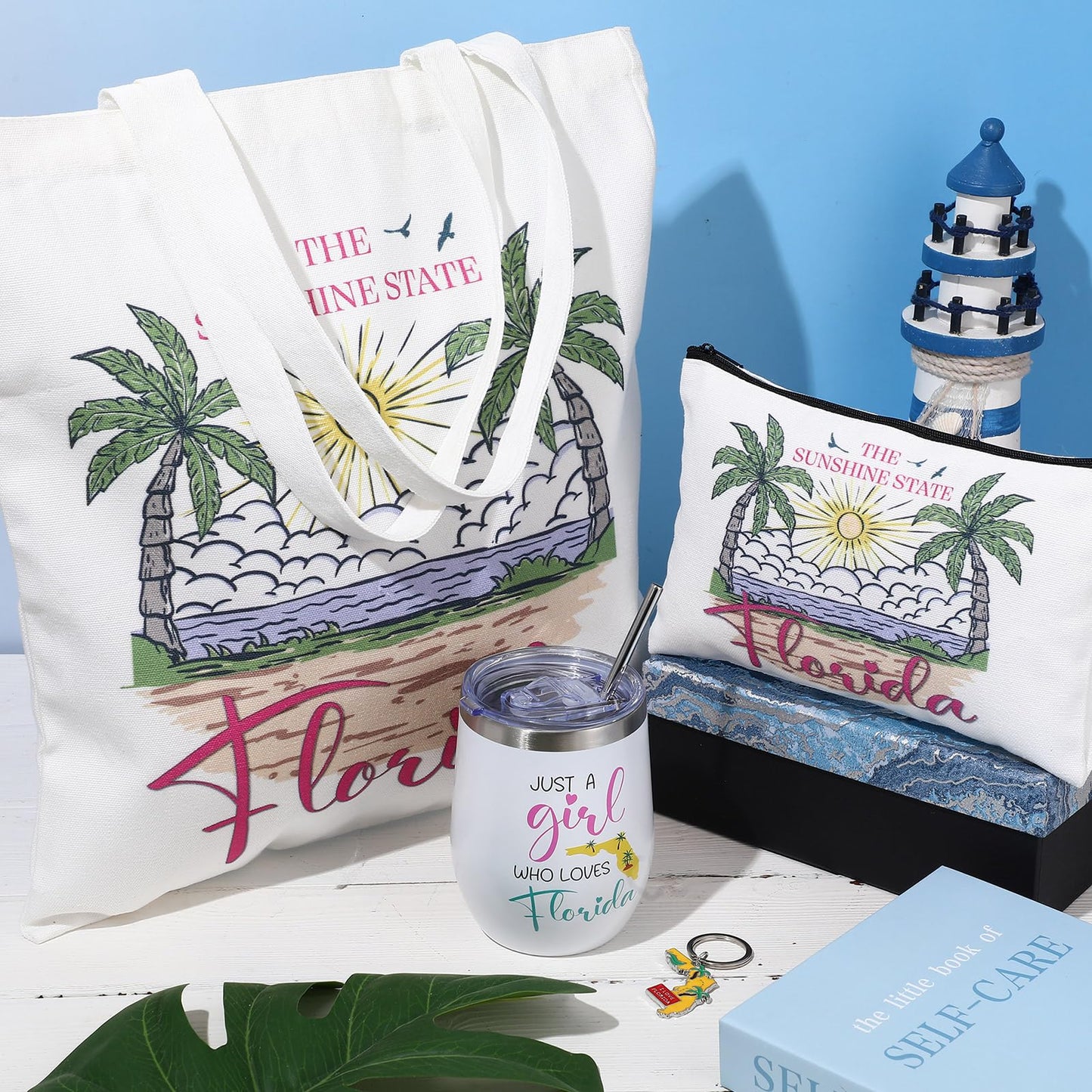 Paterr 4 Pcs Florida Souvenirs Gifts 12oz Tumbler Canvas Bag Cosmetic Bag Keychain Florida Travel Gifts Souvenirs for Traveler Women Graduation Christmas