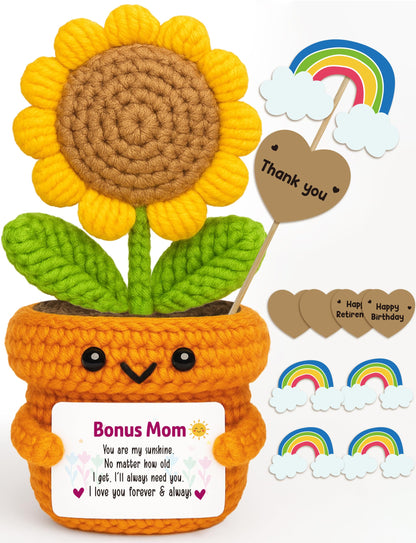 Christmas Bonus Mom Gift, I Love You Stocking Stuffers for Moms Step Mama Mothers in Law, Heartfelt Keepsake Cute Crochet Sunflower Desk Decor for Stepmom Birthday, Mother’s Day