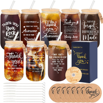 8 Set Employee Appreciation Gifts Glass Cups, Thank You Teacher Appreciation Gifts for Staff Coworker 16oz Can Shaped Beer Glass Cups, Gift Box, Hanging Cards and Coaster Birthday Gift for Team Women