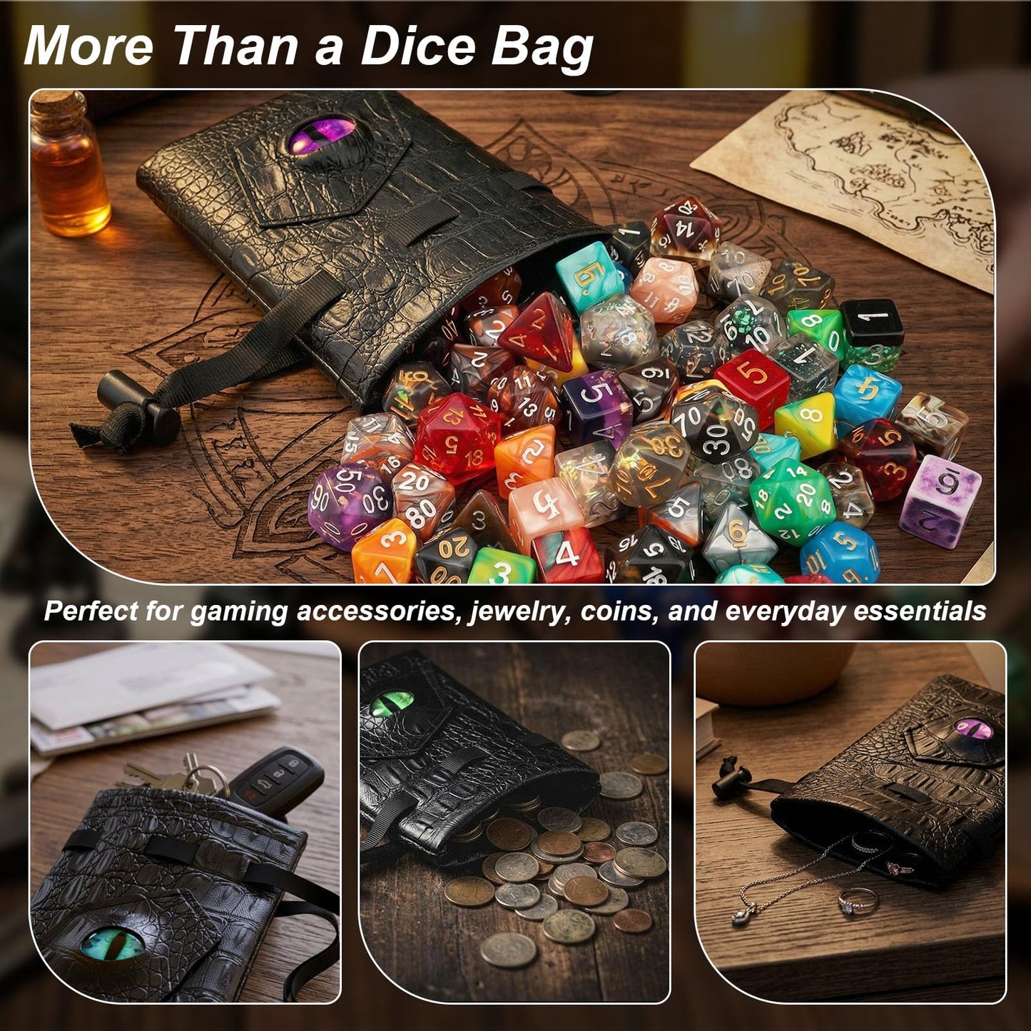 Haxtec Dragon Dice Bag PU Leather DND Dice Pouch with 3D Glass Dragon Eye, Small Drawstring Bag for Dungeons & Dragons, D&D Gamer Gifts for Dragon Lovers, Patent D893867