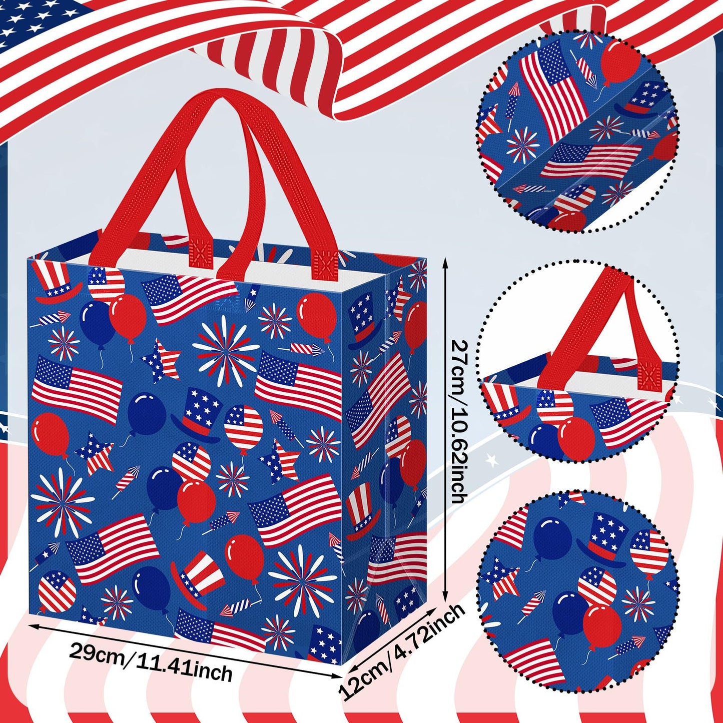Wesnoy 48 Pcs 4th of July Patriotic Gift Bags Bulk with Handle Non Woven 250th Anniversary Goodie Bag Independence Day American Flag Memorial Day Tote Bag Holiday Party Favor, 11.4 x 10.6 x 4.7 Inch