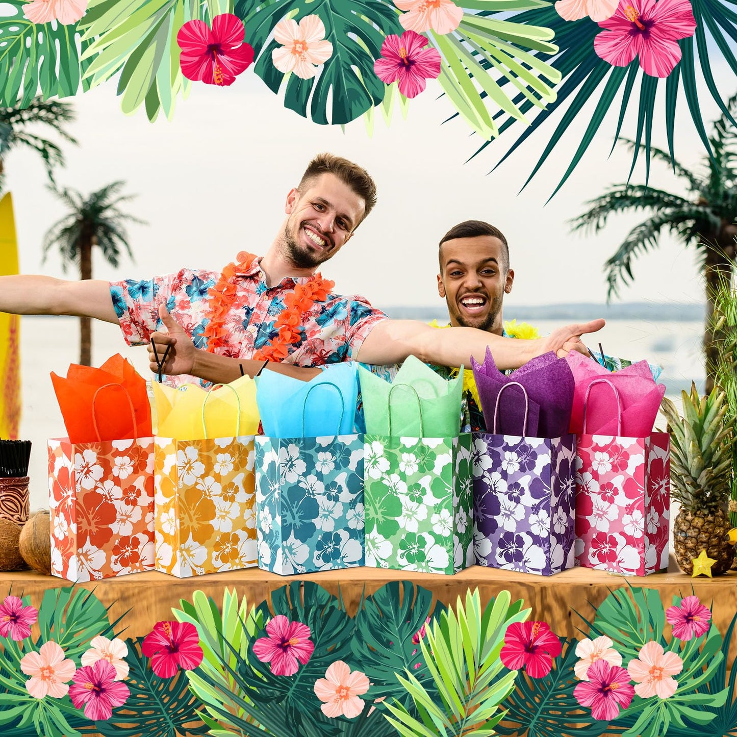 Teling 36 Set Hibiscus Party Favor Hawaiian Themed Paper Bag with Tissues Summer Tropical Gift Tiki Luau Treat Hawaii Goodie Bags with Handles Birthday Party Supplies Multicolor 8.3 x 6 x 3