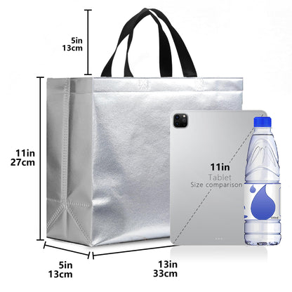 KeerxunBag 12Pcs Reusable Gift Bags（Includes Tissue Paper） Gift bag with handle Birthdays Parties Holidays Weddings Medium 13x5x11in Silver Gift Bags
