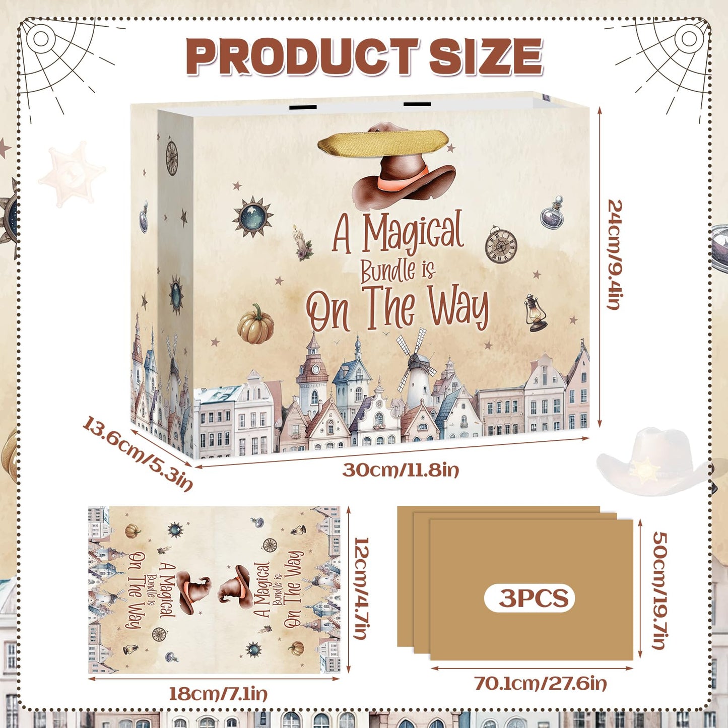 Magical Wizard Baby Shower Birthday Gift Bag for Baby Girls A Magical Bundle is On The Way Bag with Wrapping Paper Card Large Brown Castle Witch Gift Bag for Halloween Baby Shower Party Supplies