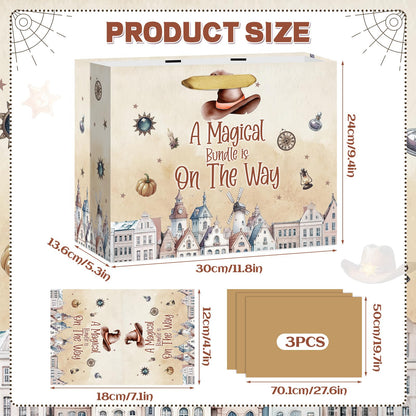 Magical Wizard Baby Shower Birthday Gift Bag for Baby Girls A Magical Bundle is On The Way Bag with Wrapping Paper Card Large Brown Castle Witch Gift Bag for Halloween Baby Shower Party Supplies