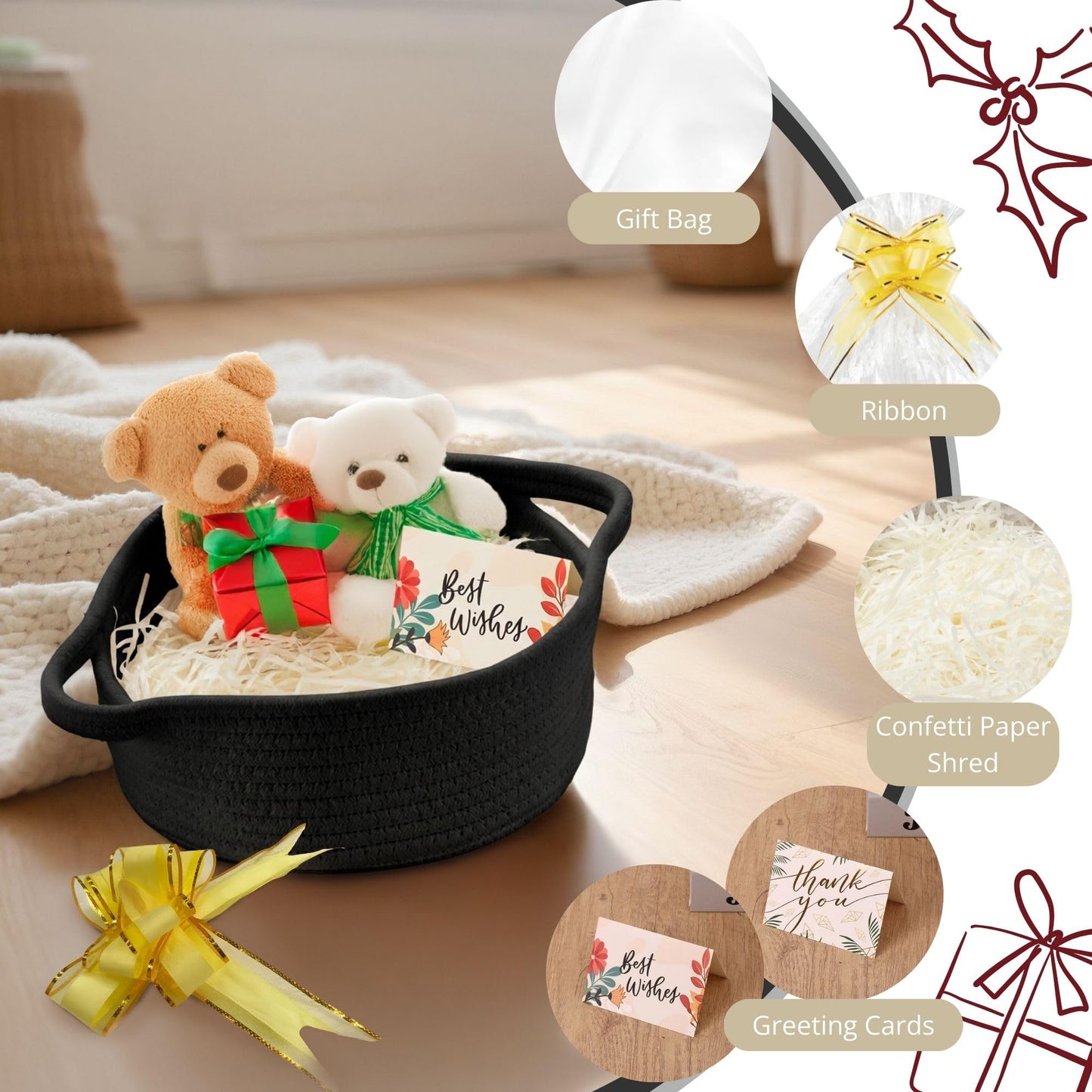momolette Basket for Gifts Empty, Woven Gift Basket Set with Gift Bag, Ribbon, Greeting Cards & 5.3 oz Raffia Paper Filler for Birthdays, Baby Showers, Weddings, Holidays (Black)
