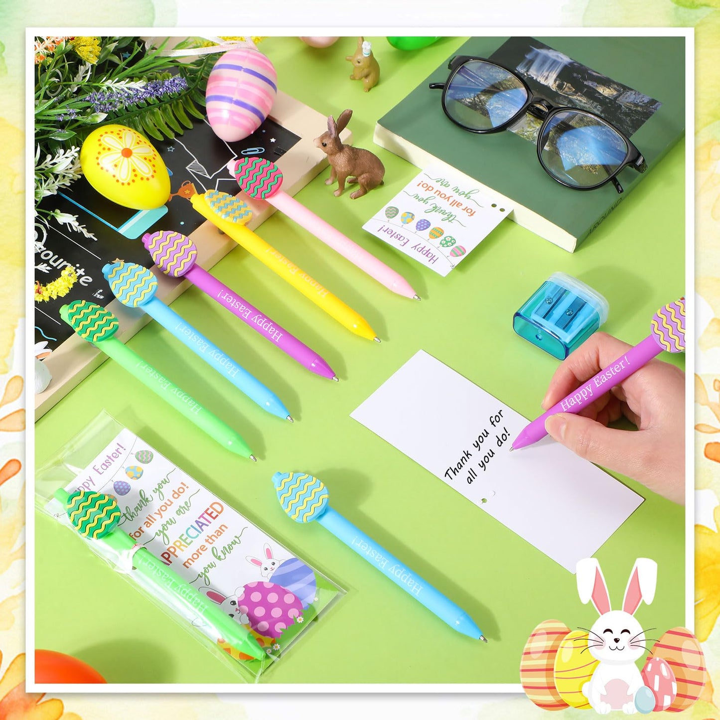 Gersoniel 50 Sets Easter Gifts Bulk Easter Appreciation Gifts for Coworker Happy Ballpoint Pen Thank You Greeting Cards and Ties for Office(Easter Eggs)
