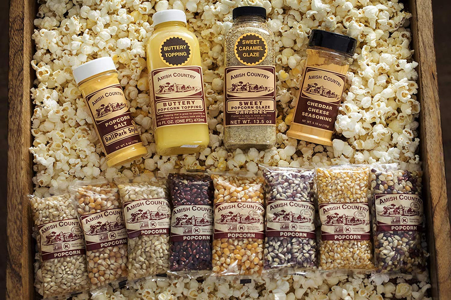 Amish Country Popcorn | 8-4 Ounce Variety Gift Set with Buttery Topping, Sweet Caramel Glaze, Ballpark Salt & Cheddar Cheese Seasoning | Old Fashioned, GMO Free and Gluten Free