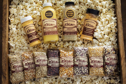 Amish Country Popcorn | 8-4 Ounce Variety Gift Set with Buttery Topping, Sweet Caramel Glaze, Ballpark Salt & Cheddar Cheese Seasoning | Old Fashioned, GMO Free and Gluten Free