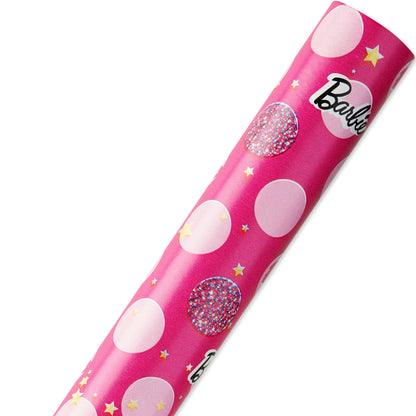 American Greetings 75 sq. ft. Reversible Barbie Wrapping Paper for Birthdays and All Occasions, Stars, Polka Dots and Stripes (1 Roll, 30 in. x 30 ft.)