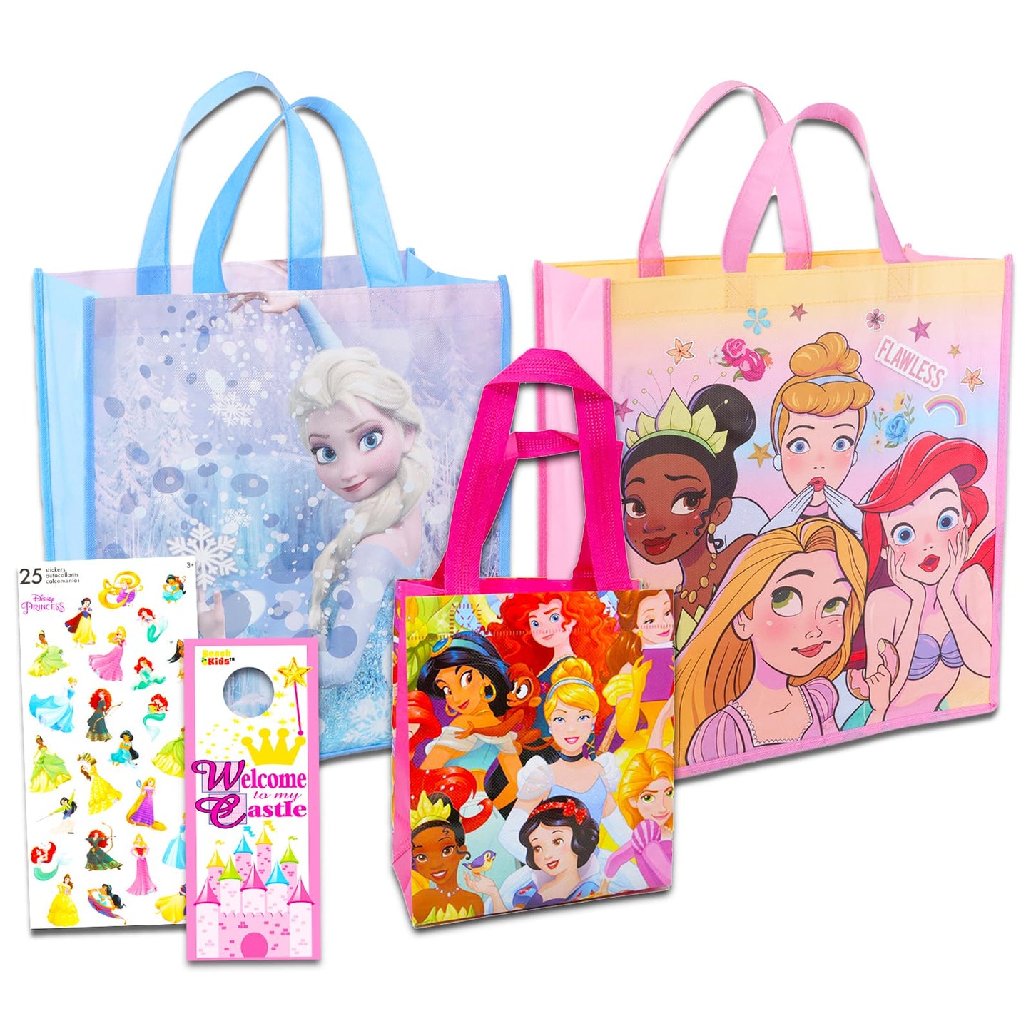 Disney Princess Tote Bag Set - Bundle of 2 Large and 1 Mini Reusable Princess Grocery Bags with Disney Princess Stickers | Princess Party Supplies
