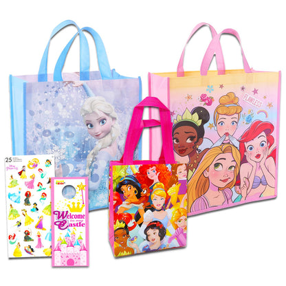 Disney Princess Tote Bag Set - Bundle of 2 Large and 1 Mini Reusable Princess Grocery Bags with Disney Princess Stickers | Princess Party Supplies