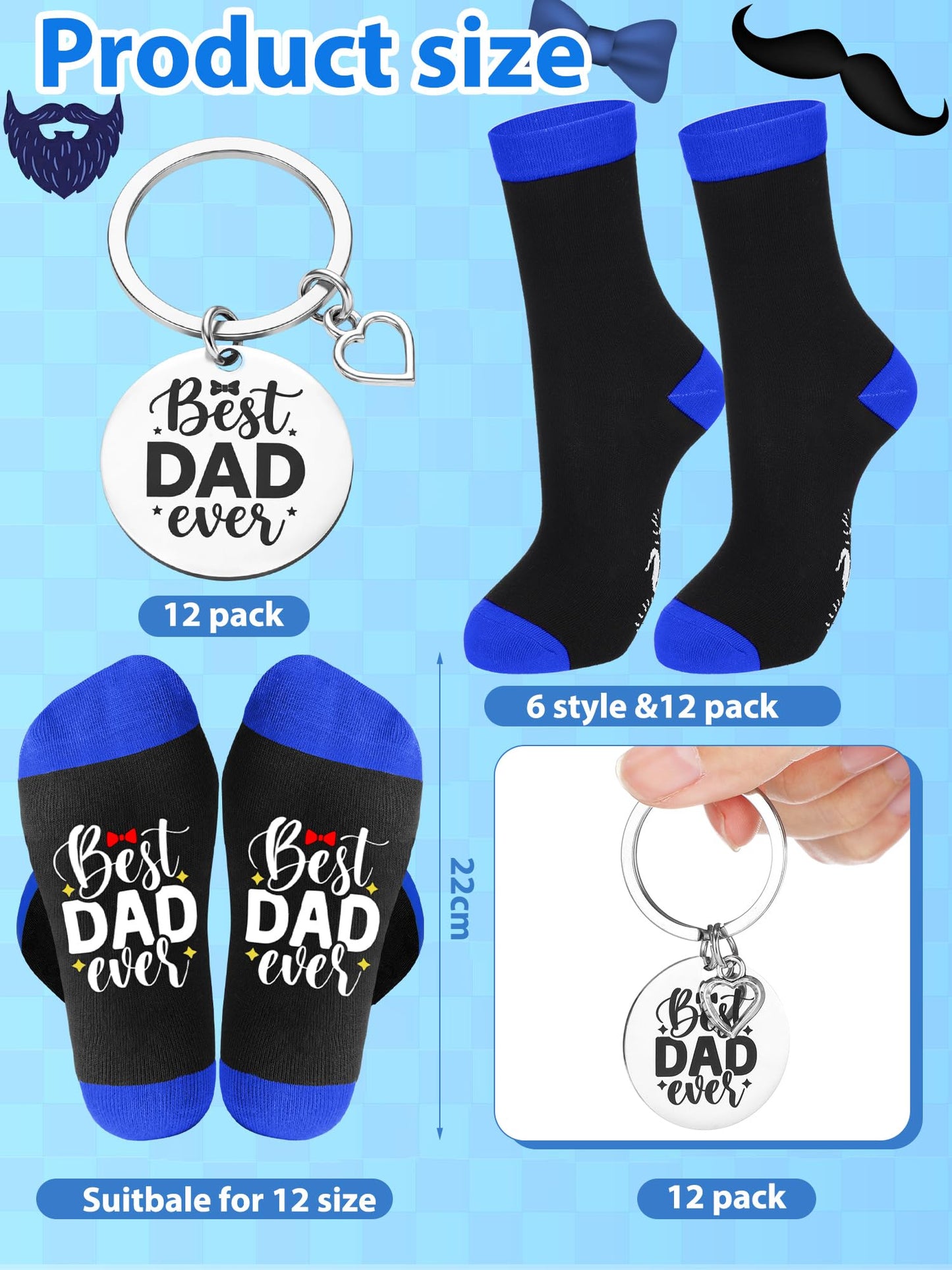 Newcotte 24 Sets Best Dad Ever Fathers Day Gift Bulk Party Favors 12 Best Dad Ever Socks 12 Stainless Steel Keychain