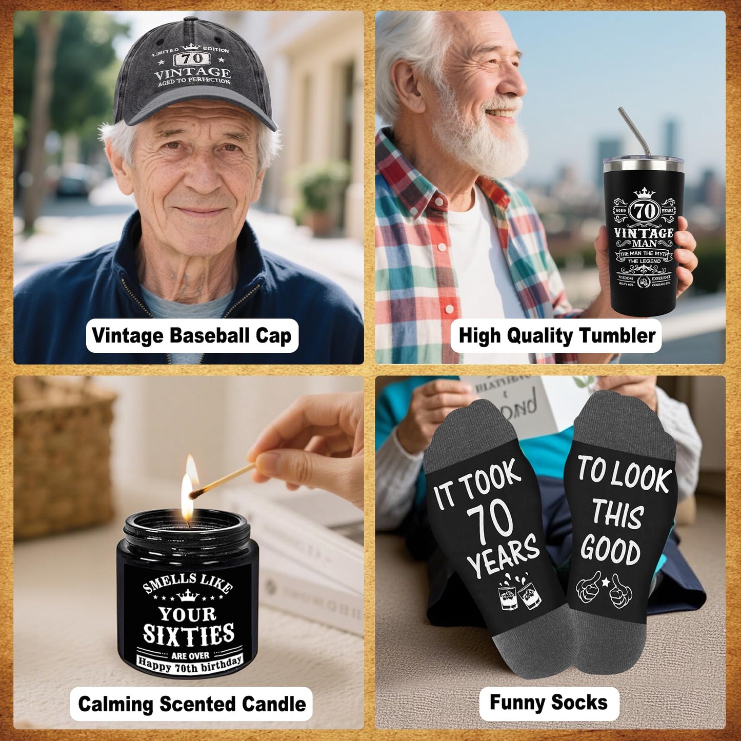 70th Birthday Gifts for Men - Unique Birthday Box with 20 Oz Tumbler, Baseball Cap, Socks, Bracelets, Scented Candle, Happy 70th Birthday Decorations for Husband, Dad, Grandpa, Friends, Boss
