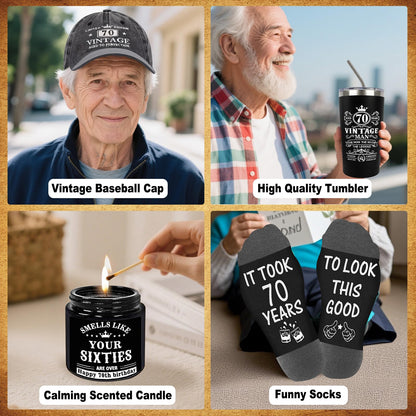 70th Birthday Gifts for Men - Unique Birthday Box with 20 Oz Tumbler, Baseball Cap, Socks, Bracelets, Scented Candle, Happy 70th Birthday Decorations for Husband, Dad, Grandpa, Friends, Boss