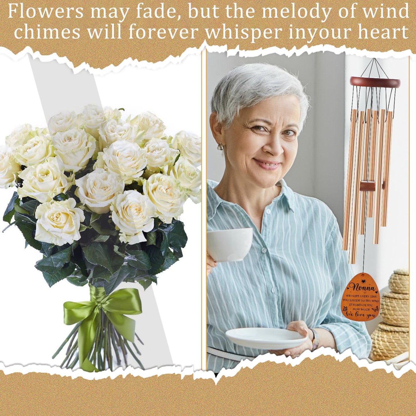 Nonna Gifts for Mother's Day Birthday Christmas Thanksgiving from Grandkids Grandchildren, Nonna Garden Gifts for Grandma, 26Inch Wind Chimes for Outside with S Hook Greeting Card