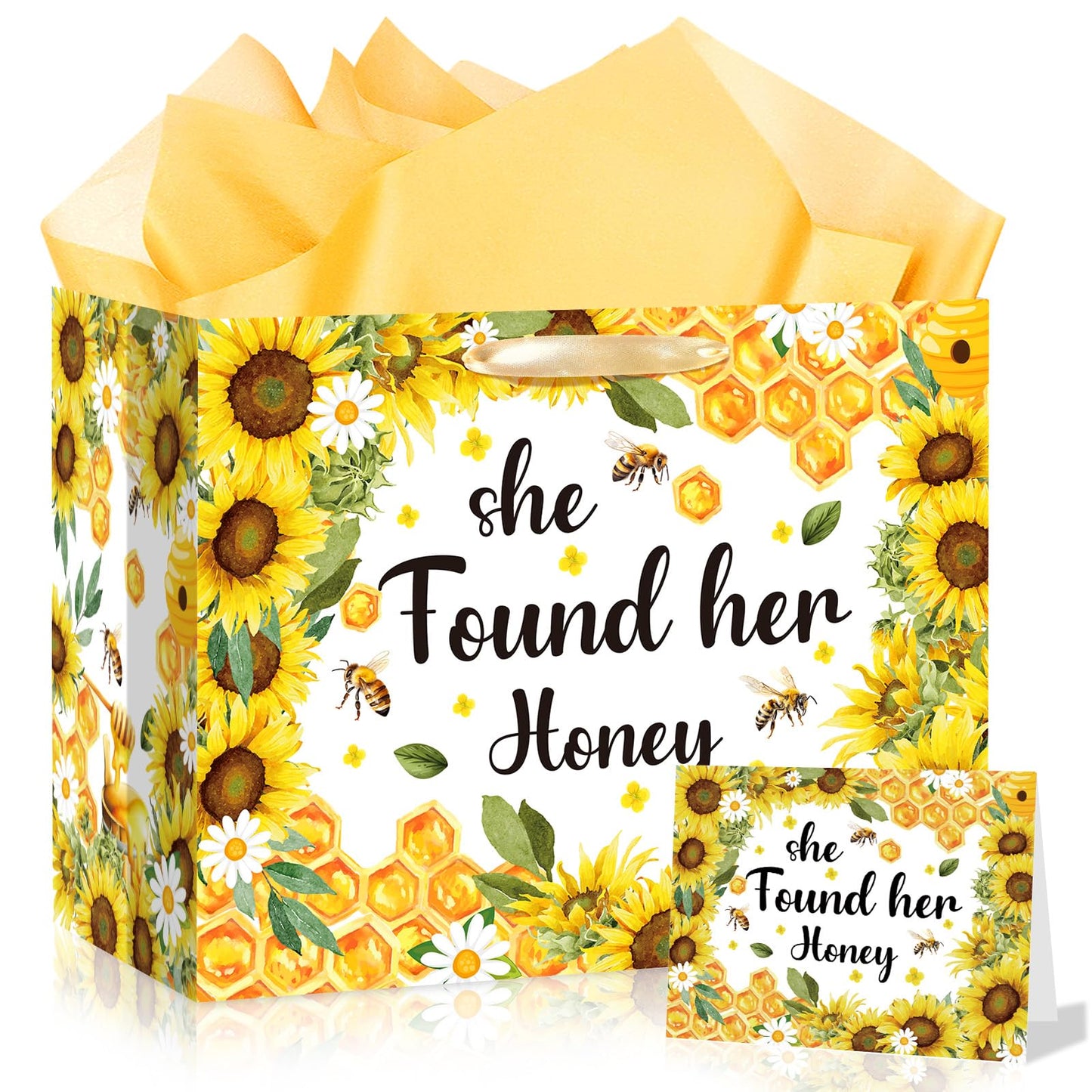 Woosytoo Bridal Shower Gift Bag Bee Bridal Shower Decorations She Found Her Honey Gift Wrapping Paper Bag with Greeting Card or Engagement Bride to Be Wedding Party, Bachelorette Party Supplies