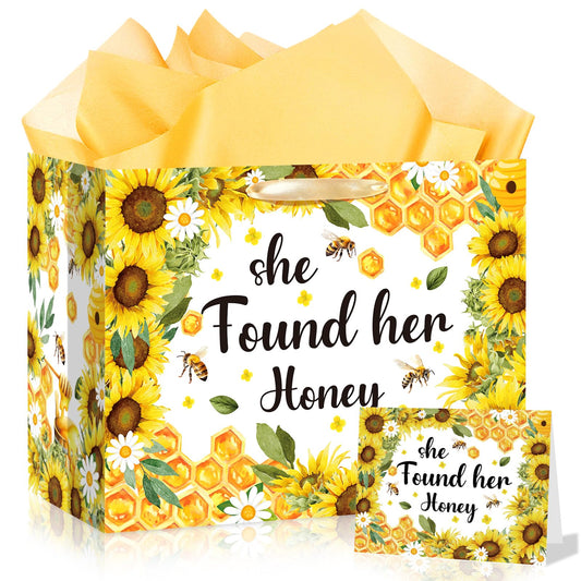 Woosytoo Bridal Shower Gift Bag Bee Bridal Shower Decorations She Found Her Honey Gift Wrapping Paper Bag with Greeting Card or Engagement Bride to Be Wedding Party, Bachelorette Party Supplies