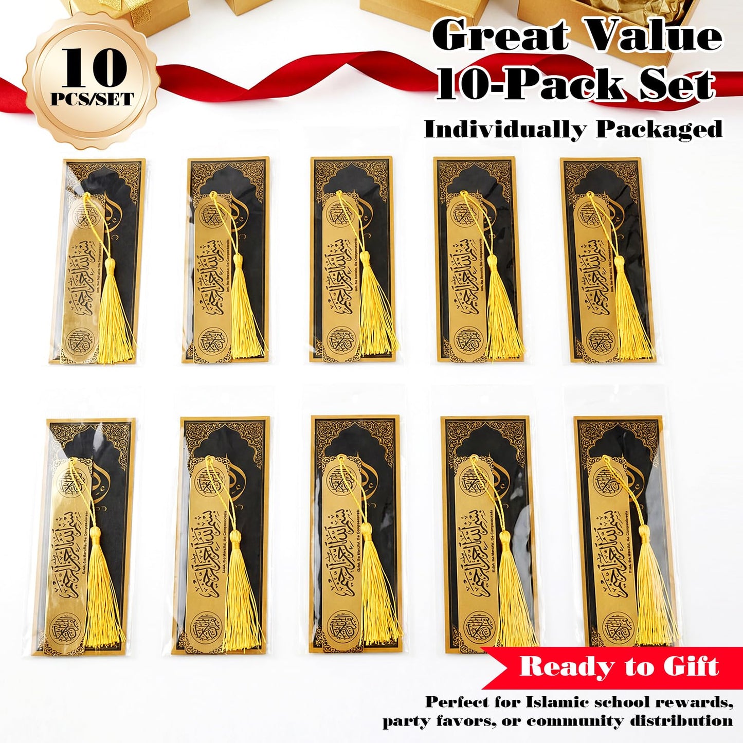 Resurhang 10 Sets Eid al-Adha Mubarak Gifts Islamic Metal Bookmarks Bulk with Cards Hajj Quran Markers Gold Stainless Steel Tassels Muslim Religious Party Favors Men Women