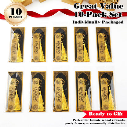 Resurhang 10 Sets Eid al-Adha Mubarak Gifts Islamic Metal Bookmarks Bulk with Cards Hajj Quran Markers Gold Stainless Steel Tassels Muslim Religious Party Favors Men Women