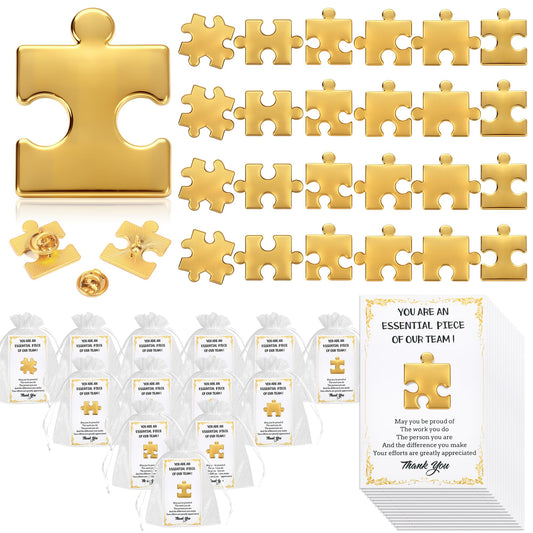 SINCCO 24/48/96 Sets Employee Appreciation Gifts Bulk, Inspirational Employee Of The Month Lapel Pins With Thank You Cards Small Puzzle Piece Gift for Coworkers, Office Staff, Team Building (Gold)