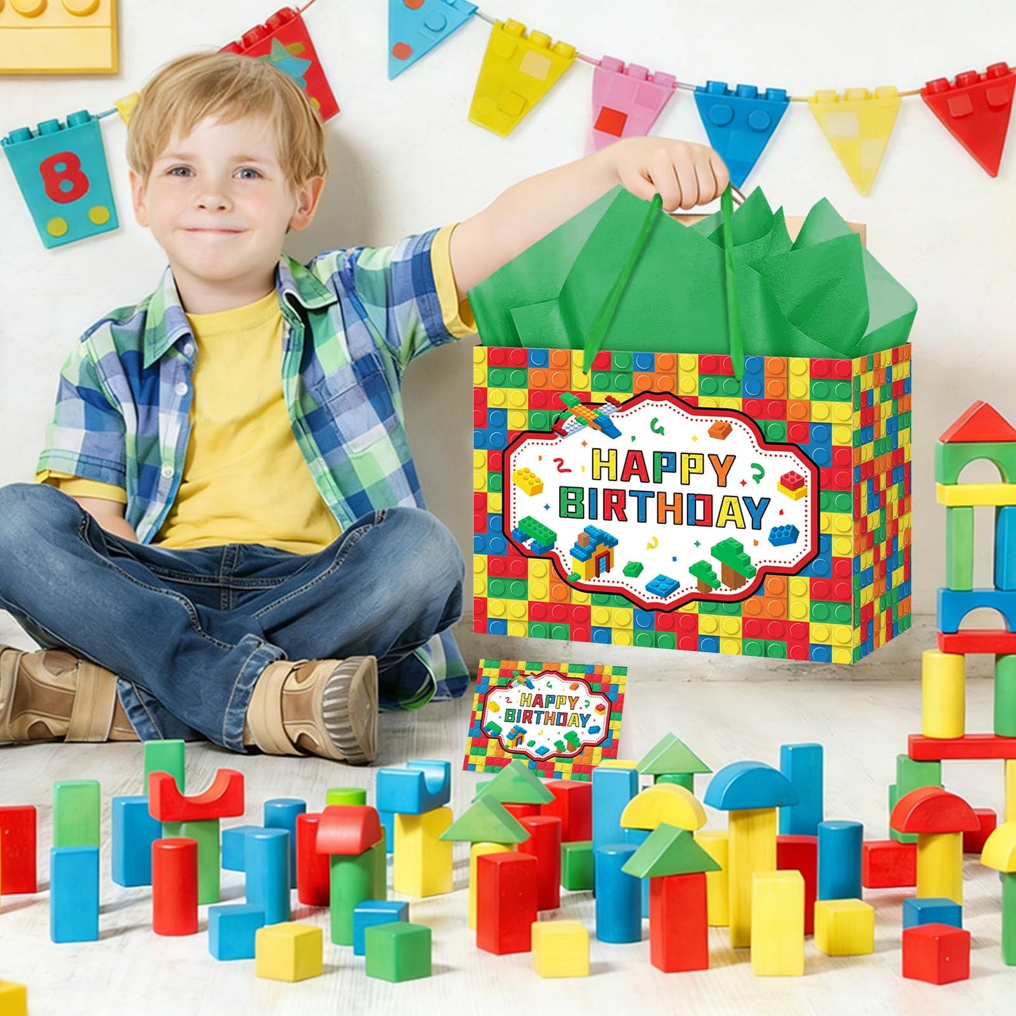 Hooqict Large Building Blocks Birthday Gift Bag Happy Birthday Gift Wrapping Bag with Handles, Tissue Paper, Greeting Card for Kids Boys Girls Building Bricks Theme Party Decorations Supplies