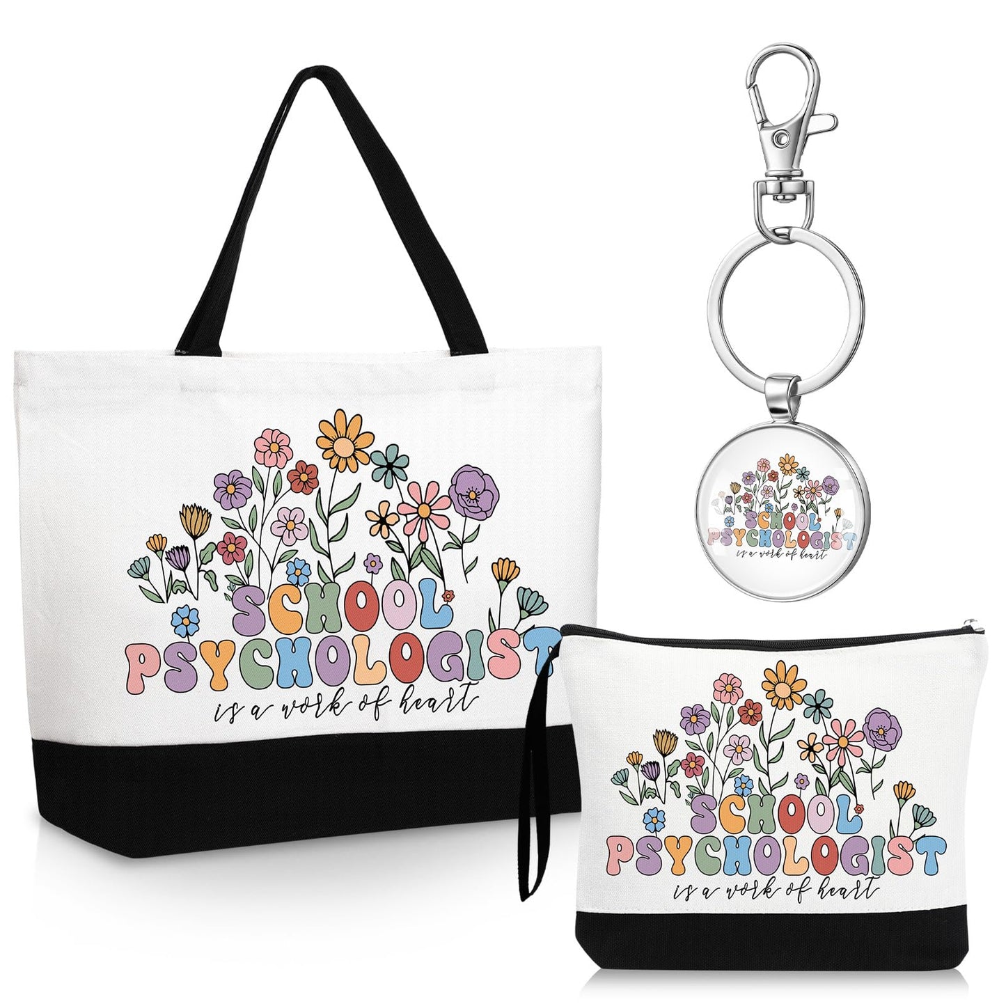 Kacctyen School Psychologist Appreciation Gifts Sets Canvas Tote Bag Makeup Cosmetic Bag Teacher Thank You Keychains for Women Employee Coworker Staff