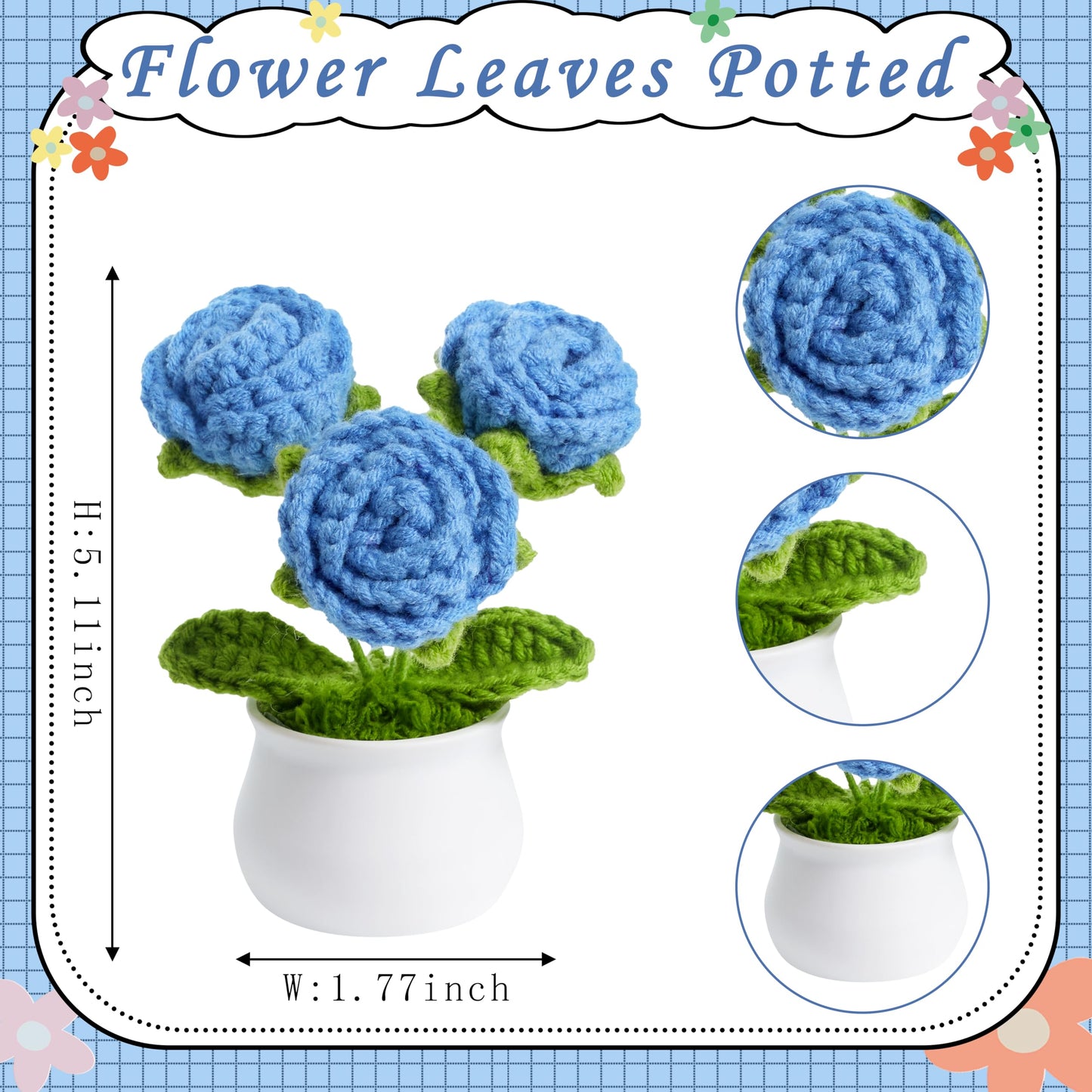 LAIDANLA Crochet Flowers Blue Roses Mini Potted, Handmade Blue Rose Anniversary Appreciation Birthday Gifts for Women Friend Teacher Coworker Mom Sister Knitted Flower for Desk Car