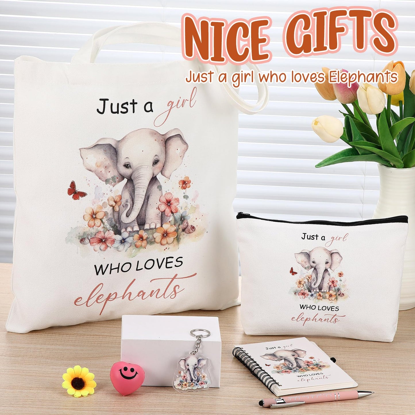 Kinlop 5 Pcs Elephant Pattern Gifts for Women Include Just a Girl Who Loves Elephants Tote Bag Canvas Cosmetic Bag Coil Notebook Keychain and Ballpoint Pen for Women Girls