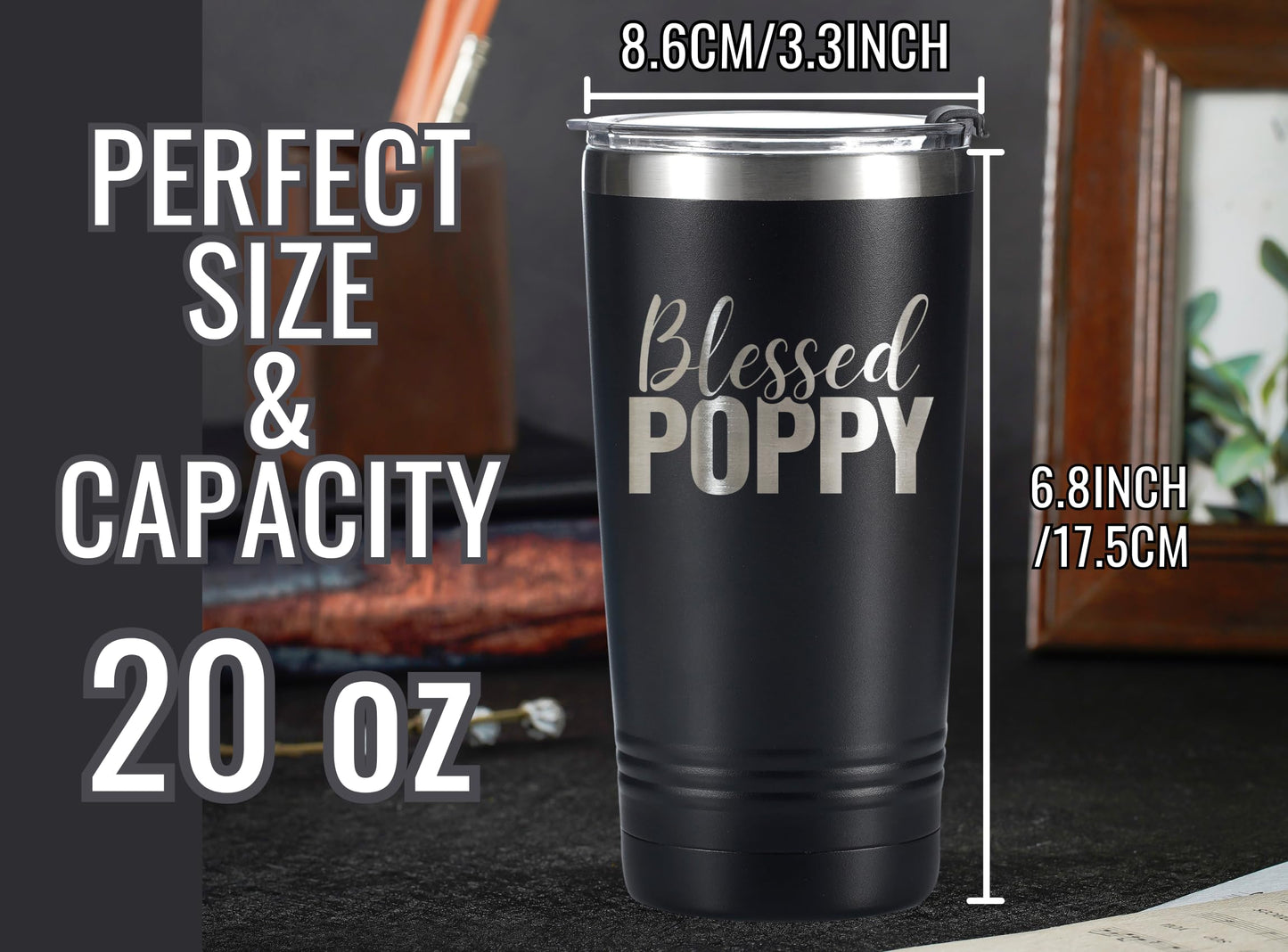 Onebttl Poppy Gifts, Grandpa Gifts from Grandchildren, Father's Day Gifts for Poppy, Laser Engraved Design, 20oz/590ml, Stainless Steel Tumbler with Straw & Lid, Black - Blessed Poppy