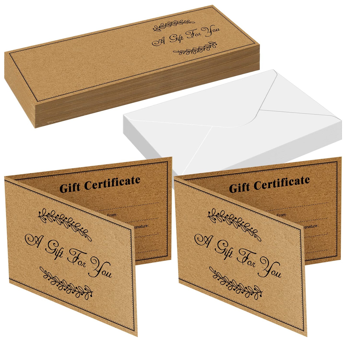 Sinmoe 50 Sets Gift Certificates for Business Kraft Blank Gift Certificate Cards with 50 Pcs Envelopes for Beauty Salon Restaurant Business Birthday Client Wedding 3.9 x 5.9 Inch(Dark Brown,Classic)