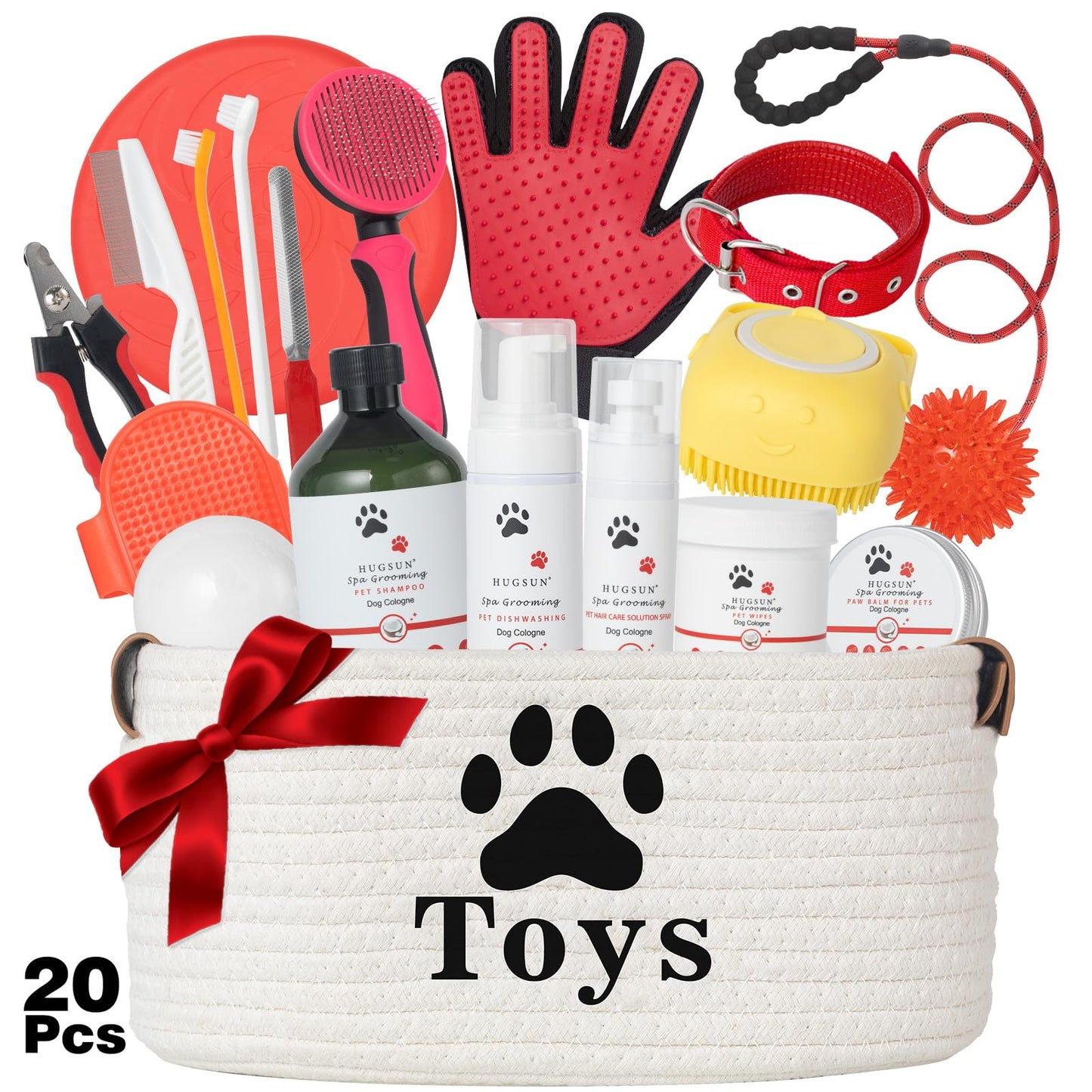 XXXL 20 Pieces Dog Gift Basket for Dogs, Pet Spa Gift Set with Shower Gel, Shampoo, Toys, Plush, Rubber, Rope, Training Toys, Birthday Gifts for Pet