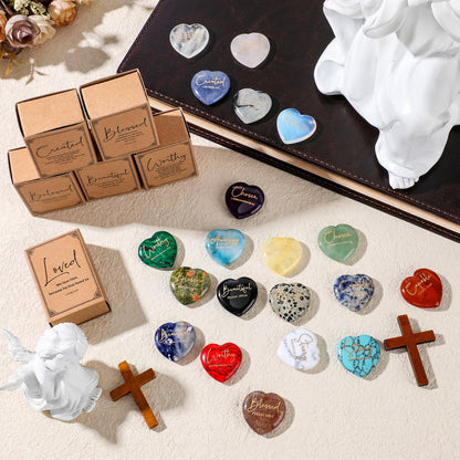 Potchen 20 Set Christian Scripture Gifts for Women Natural Heart Crystal Stone Engraved Bible Verse with Scripture Match Storage Box Raffia Church Religious VBS Inspirational Gift Rocks (Multicolor)