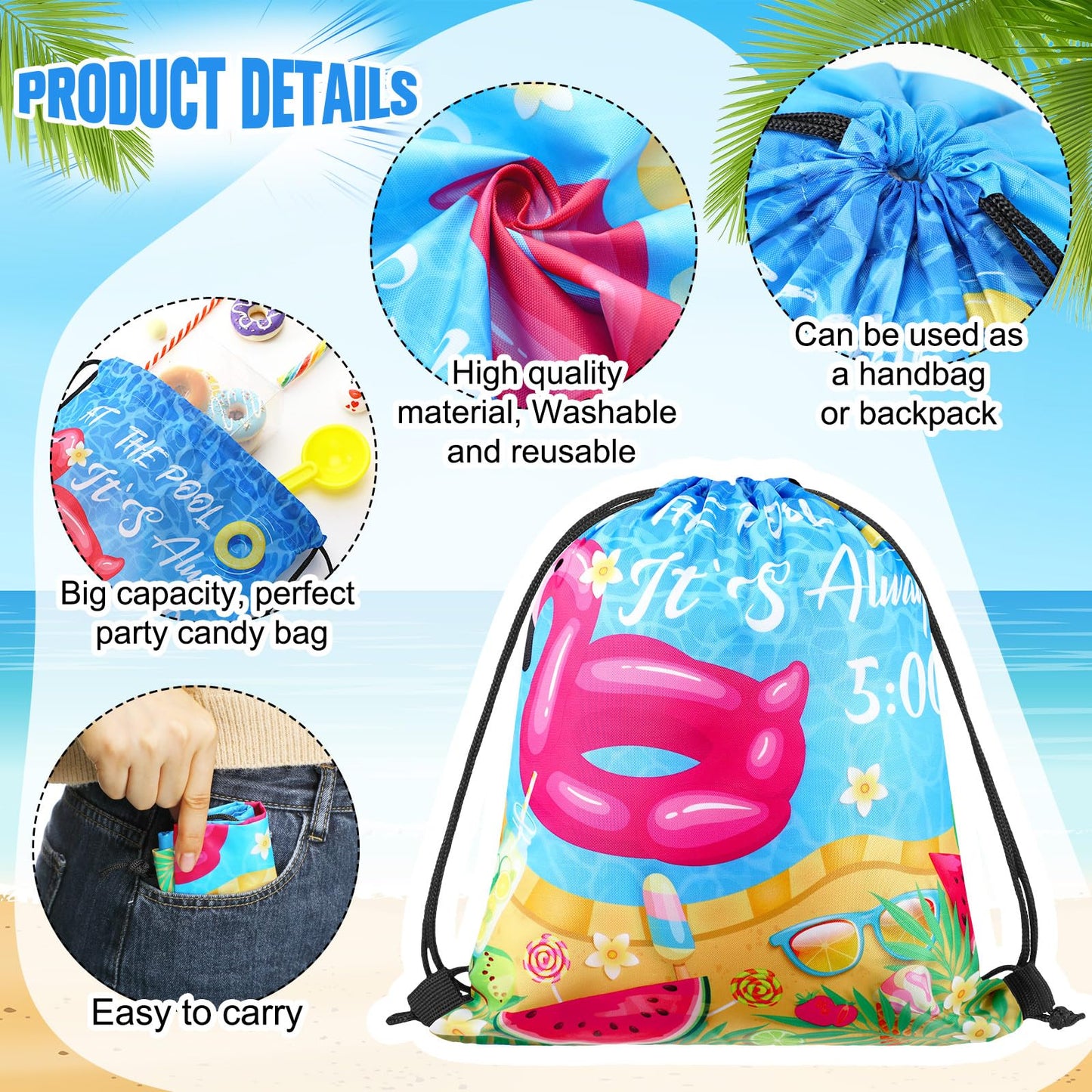Sanwuta 18 Pcs Pool Party Favor Drawstring Bags - Summer Beach Goodie Gift Bags for Kids Adults, Hawaiian Parties& Birthday Decor