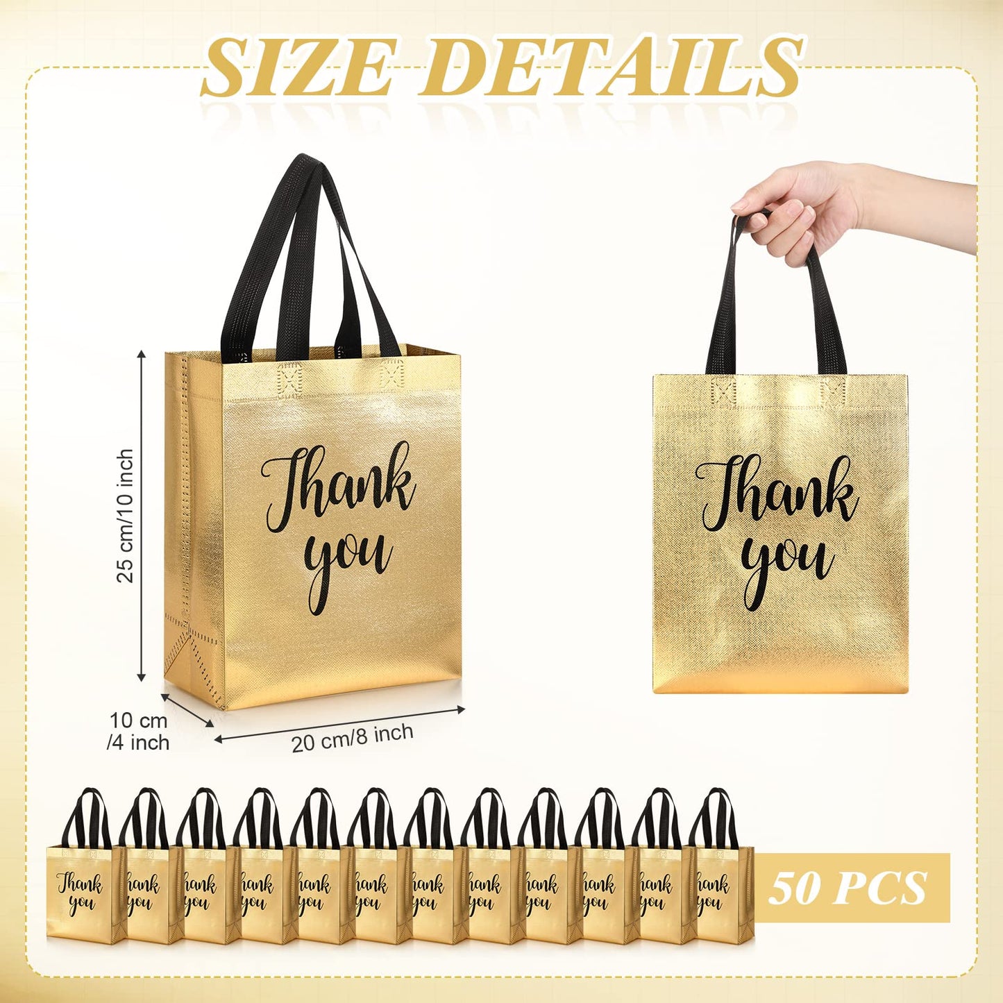 Fumete 50 Pcs Gold Glossy Thank You Gift Bag with Handles 8 x 4 x 10 Inch Non Woven Reusable Gift Bags for Graduation Fathers Day Wedding Birthday Party Engagement Anniversary Holidays