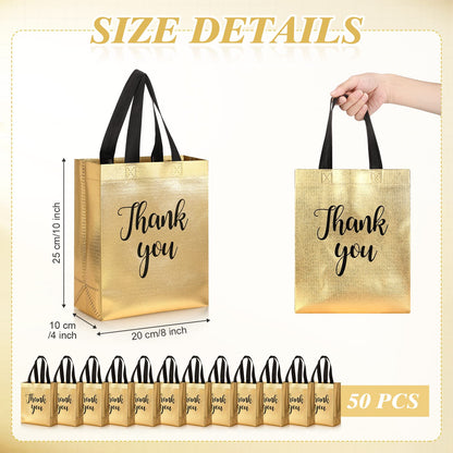 Fumete 50 Pcs Gold Glossy Thank You Gift Bag with Handles 8 x 4 x 10 Inch Non Woven Reusable Gift Bags for Graduation Fathers Day Wedding Birthday Party Engagement Anniversary Holidays