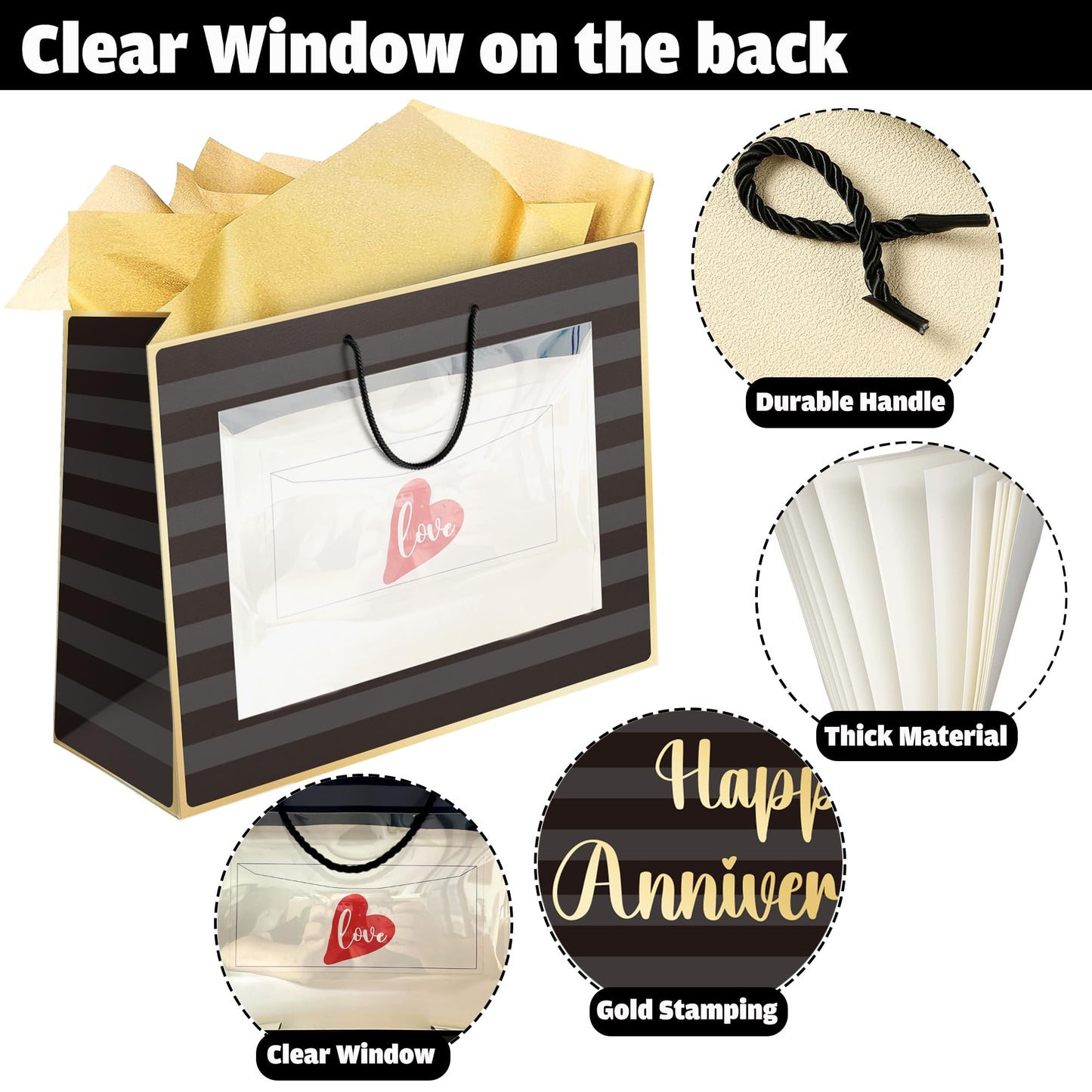 Sumerk 13" Large Anniversary Paper Bag with Tissue Papers and Greeting Card, Envelope and Stickers - Special Anniversary Wrapping Bag with Clear Window and Card Holder