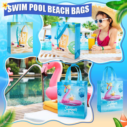 Sweetude 60 Pcs Pool Party Favors Bags Summer Gift Beach Goodie Reusable Summer Beach Pool Theme Non Woven Treat Bags with Handles for Hawaii Party, 12.6 x 9.84 Inch
