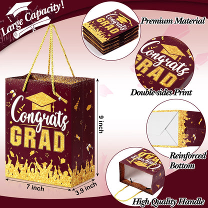 TaoBary 12 Pcs Graduation Gift Bags with Tissue Party Favor Bag Handles Class of 2026 Grad Paper Goodie Bulk for Congrats Supplies(Burgundy Gold)