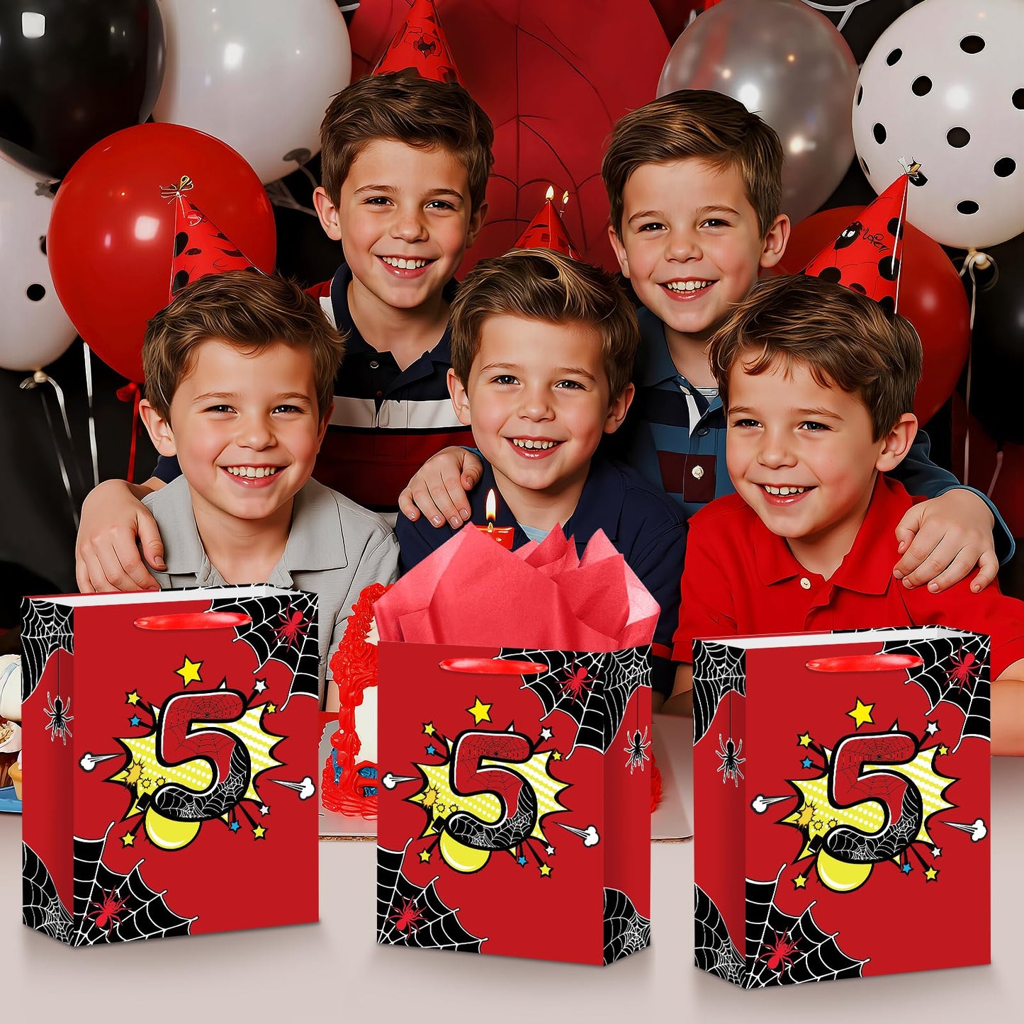 Spider 5th Birthday Gift Bag with Tissue Paper and Card Black Red Spider Web Birthday Gift Wrapping Paper Bag 5 Years Old Treat Candy Bags with Handle for Kids Baby Shower Bday Party Decorations