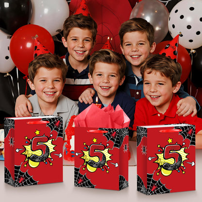 Spider 5th Birthday Gift Bag with Tissue Paper and Card Black Red Spider Web Birthday Gift Wrapping Paper Bag 5 Years Old Treat Candy Bags with Handle for Kids Baby Shower Bday Party Decorations