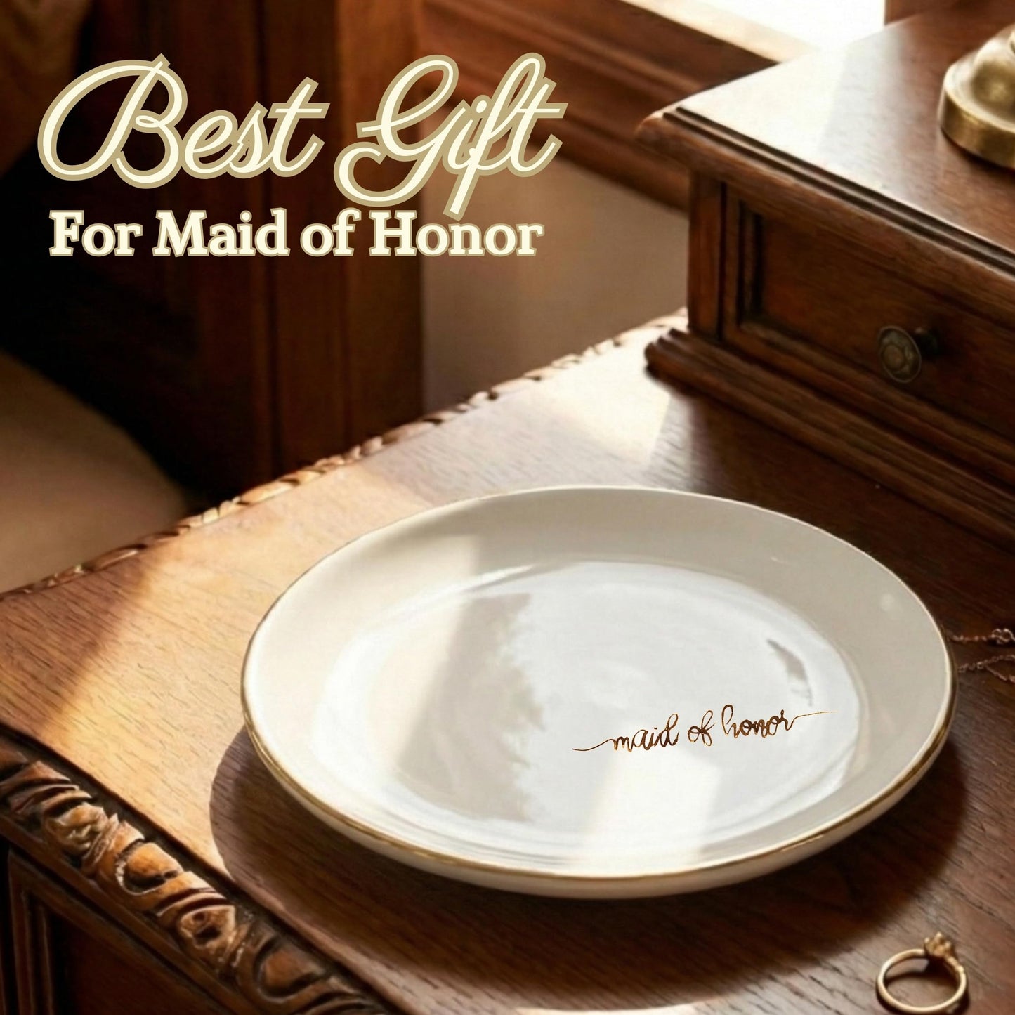 InnoBeta Bridesmaid Gifts for Women, Maid of Honor Gifts for Women Ceramic Jewelry Tray, Decorative Trinket Dish for Rings Earrings Necklaces for Women, 4.75", White Surface Gold