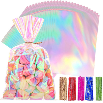 woric 150 PCS Iridescent Cellophane Treat Bags with Ties 6x9 Inch Clear Party Favor Bags Holographic Goodie Bag for Candy Baby Showers Mother's Day Weddings Birthday Party Favors