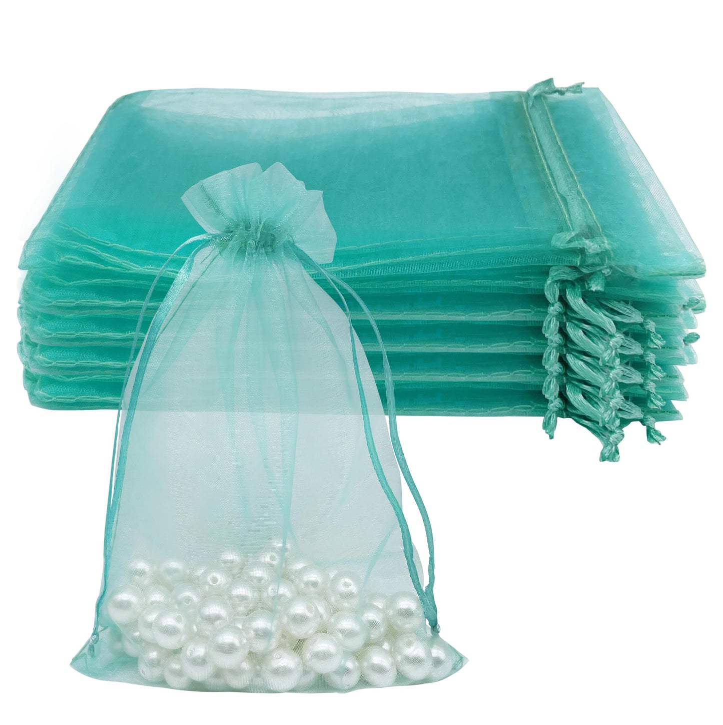 Jexila 100PCS Sheer Teal Organza Bags 4''X6' Small Mesh Drawstring Jewelry Gift Pouch for Baby Shower Wedding Party Favor Goodie Candy