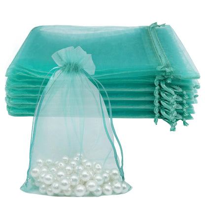 Jexila 100PCS Sheer Teal Organza Bags 4''X6' Small Mesh Drawstring Jewelry Gift Pouch for Baby Shower Wedding Party Favor Goodie Candy