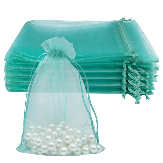 Jexila 100PCS Sheer Teal Organza Bags 4''X6' Small Mesh Drawstring Jewelry Gift Pouch for Baby Shower Wedding Party Favor Goodie Candy